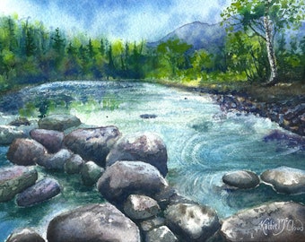 Watercolor painting Eagle River Alaska landscape scenery art prints Kaitlin McCloud