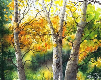 Birch trees watercolor painting Alaska Fall nature scene art prints Kaitlin McCloud