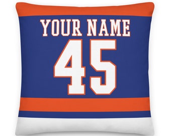 New York Personalized Name & Number Hockey Pillowcase, Cushion, Ice Hockey, Gift for Dad, Father&#39;s Day, Home Decor, Gift for Mom, Islanders
