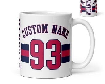 Atlanta Custom Name & Number Baseball Mug, #1 Baseball Fan, Custom Jersey, Gift for Dad, Gift for Mom, Sports Fan, Personalized, Braves
