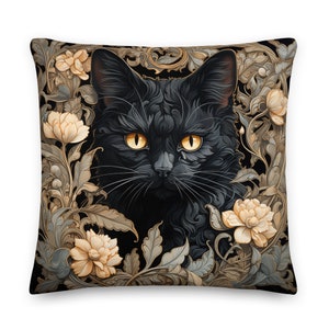 William Morris Black Cat Throw Pillow, Arts & Crafts, Home Decor, Floral, Botanical, Housewarming Gift, Cushion, Nature, Cat Lover Gift