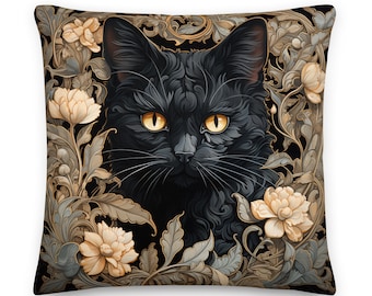 William Morris Black Cat Throw Pillow, Arts & Crafts, Home Decor, Floral, Botanical, Housewarming Gift, Cushion, Nature, Cat Lover Gift