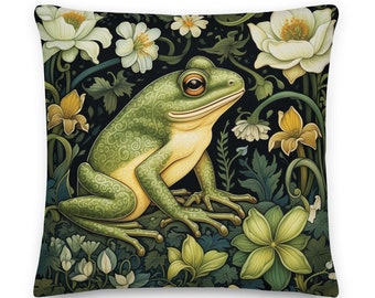 Geïnspireerd door William Morris, bloemen botanische kikker sierkussen, Cottagecore, woondecoratie, kikkerliefhebber, decoratief huis, kussen, kussen,