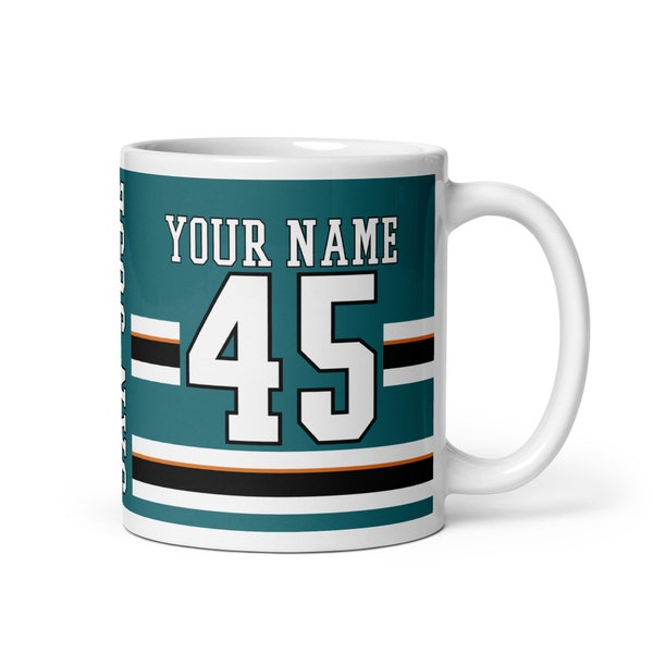 San Jose Custom Name & Number Ice Hockey Mug, #1 Hockey Fan, Jersey, Gift for Dad, Gift for Mom, Sports Fan, Personalize, Sharks