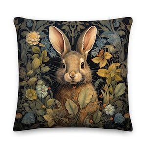William Morris Rabbit Throw Pillow, Whimsical, Home Decor, Floral Botanical, Easter Bunny Gift, Pillow, Cushion, Nature, Vintage, Easter