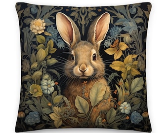 William Morris Rabbit Throw Pillow, Whimsical, Home Decor, Floral Botanical, Easter Bunny Gift, Pillow, Cushion, Nature, Vintage, Easter