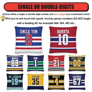 May include: Ten decorative throw pillows with a hockey jersey theme. Each pillow features a different name and number. The pillows are in various colors, including red, blue, yellow, green, and black.