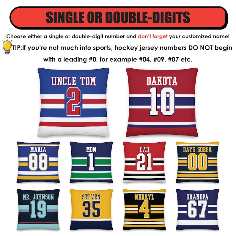 May include: Ten decorative throw pillows with a hockey jersey theme. Each pillow features a different name and number. The pillows are in various colors, including red, blue, yellow, green, and black.