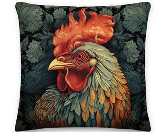 William Morris Cottagecore Chicken Throw Pillow, Farmhouse, Home Decor, Floral Botanical, Pillow, Cushion, Nature, Whimsical, Rooster