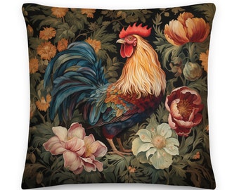 William Morris Cottagecore Rooster Throw Pillow, Farmhouse, Home Decor, Floral Botanical, Pillow, Cushion, Nature, Whimsical, Chicken