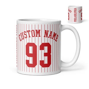 Taza de béisbol personalizada con nombre y número de Filadelfia, fanático del béisbol n.° 1, camiseta personalizada, regalo para papá, regalo para mamá, fanático de los deportes, Phillies
