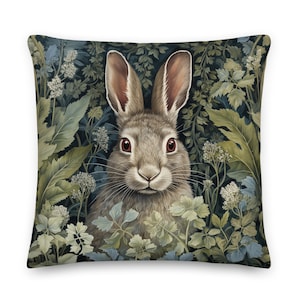 William Morris Cottage Rabbit Throw Pillow, Whimsical, Home Decor, Floral Botanical, Easter Bunny Gift, Pillow, Cushion, Nature, Vintage