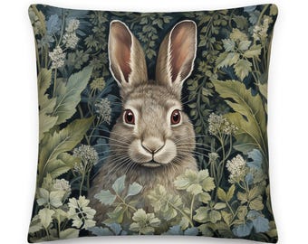 William Morris Cottage Rabbit Throw Pillow, Whimsical, Home Decor, Floral Botanical, Easter Bunny Gift, Pillow, Cushion, Nature, Vintage