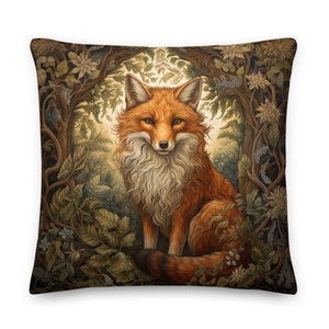 William Morris Forest Fox Throw Pillow, Decorative, Charming Home Decor, Floral, Botanical, Cottagecore, Whimsical, Cushion, Forestcore