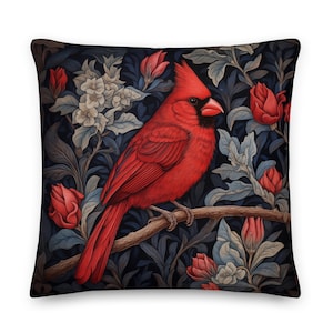 May include: A red cardinal bird perched on a branch with white and red flowers against a dark blue background. The bird is depicted in a realistic style with detailed feathers and a sharp beak.