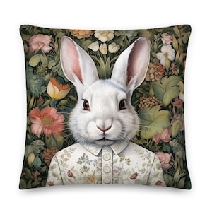William Morris The Genteel Rabbit Throw Pillow, Whimsical, Home Decor, Floral Botanical, Easter Bunny Gift, Pillow, Cushion, Nature, Vintage