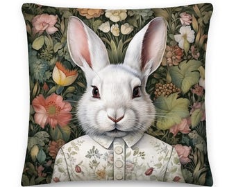 William Morris The Genteel Rabbit Throw Pillow, Whimsical, Home Decor, Floral Botanical, Easter Bunny Gift, Pillow, Cushion, Nature, Vintage