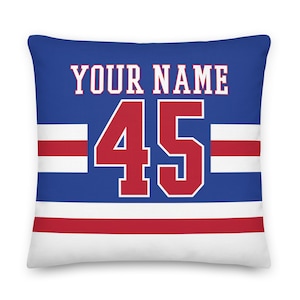 New York Personalized Name & Number Hockey Pillowcase, Cushion, Ice Hockey, Gift for Dad, Father&#39;s Day, Sports Decor, Gift for Mom, Rangers