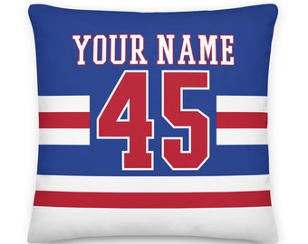 New York Personalized Name & Number Hockey Pillowcase, Cushion, Ice Hockey, Gift for Dad, Father&#39;s Day, Sports Decor, Gift for Mom, Rangers