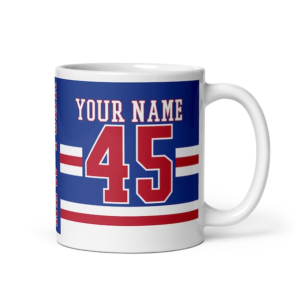 New York Custom Name & Number Ice Hockey Mug, #1 Hockey Fan, Jersey, Gift for Dad, Gift for Mom, Sports Fan, Personalize, Rangers