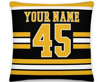 Boston Personalized Name & Number Hockey Pillowcase, Cushion, Ice Hockey, Gift for Dad, Father&#39;s Day, Home Decor, Gift for Mom, Bruins