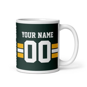 Green Bay Name & Number Football Mug, Gift for Dad, Gift for Mom, Unique, Personalized Gift, Secret Santa, Kris Kringle, Birthday Gift, Xmas