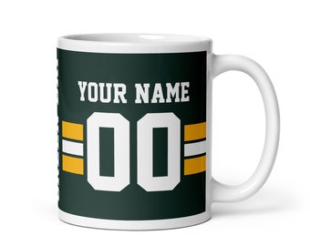 Green Bay Name & Number Football Mug, Gift for Dad, Gift for Mom, Unique, Personalized Gift, Secret Santa, Kris Kringle, Birthday Gift, Xmas