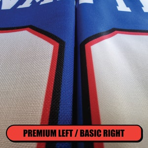 May include: Close-up of two fabric swatches, one with a premium finish and the other with a basic finish. The premium swatch has a tighter weave and a more defined texture. The basic swatch has a looser weave and a less defined texture. The text "PREMIUM LEFT / BASIC RIGHT" is visible at the bottom of the image.