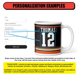 May include: A white ceramic mug with a black, orange, and gold design. The mug has a personalized name "THOMAS" and number "12" printed on it. The mug is available in two sizes: 11 oz and 15 oz.