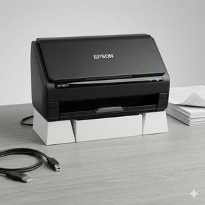 以下が含まれることがあります： 白いプラスチック製スタンドの上に置かれた黒いエプソンES-400 IIドキュメントスキャナー。このデバイスには、上部給紙トレイ、青い電源インジケーターライト付きのフロントコントロールパネル、および手前に配置された黒いUSBケーブルが備わっています。