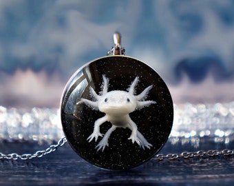 axolotl jewelry , axolotl pendant , fish necklace , leucistic melanoid , leusistic axolotl