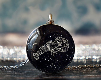 May include: A silver chain necklace with a round pendant featuring a black background with white stars and a white outline of a lobster constellation.