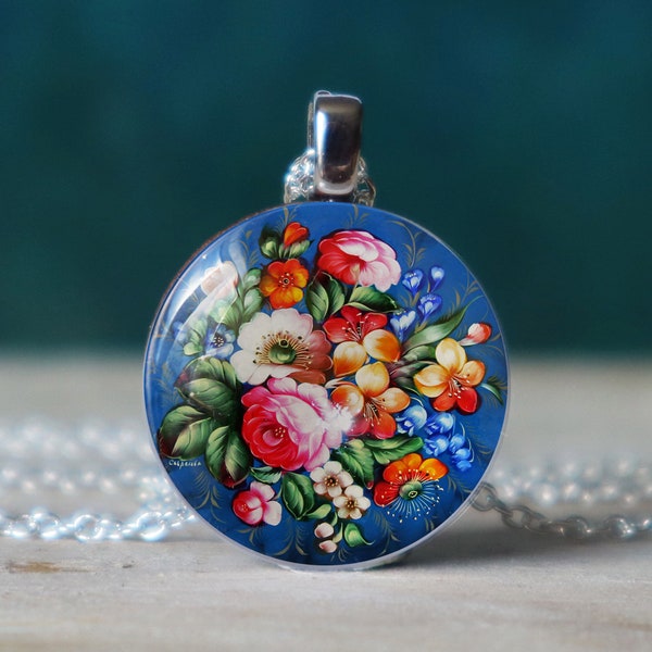 zhostovo , russian jewelry , russian gifts , botanical necklace ,