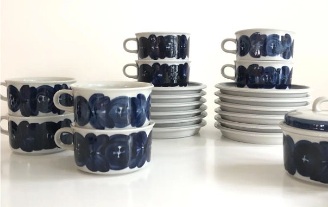 Ulla Procope for Arabia of Finland Anemone Blue Dish Set- Cups and