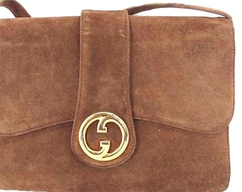 Vintage Brown Suede Gucci Baugette Shoulder Bag 1973 Gold hardware