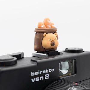 Könnte beinhalten: Eine schwarze Kamera mit dem Text "beirette vsn 2" hat ein dekoratives Bären-Accessoire. Der Bär ist braun mit einem hellbraunen Gesicht und hält drei kleine, orangefarbene Brotlaibe.