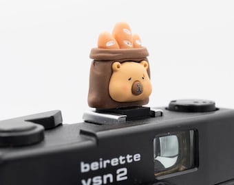 May include: A black camera with the text "beirette vsn 2" has a decorative bear-shaped accessory on top. The bear is brown with a light brown face and holds three small, orange-coloured bread loaves.