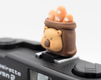 May include: A charming camera accessory. It features a brown bear peeking out of a brown sack filled with orange bread. The bear has a light brown face with rosy cheeks. The accessory is mounted on a black camera.