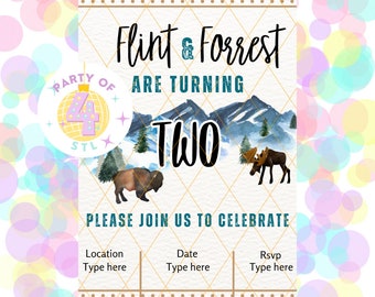 May include: A party invitation for Flint & Forrest's second birthday. The invitation features a watercolor illustration of a mountain range with a moose and a buffalo. The text "PARTY OF" is in a circle with a disco ball graphic and the number "2" is in large, bold font.