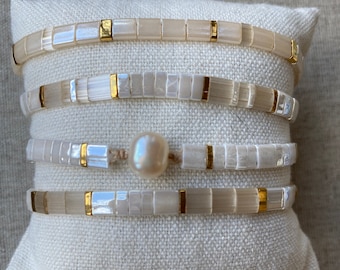 Miyuki Tila Tile Square Glass Bead Adjustable Bracelet w/ 24K Gold Plated Beads // Stackable delicate
