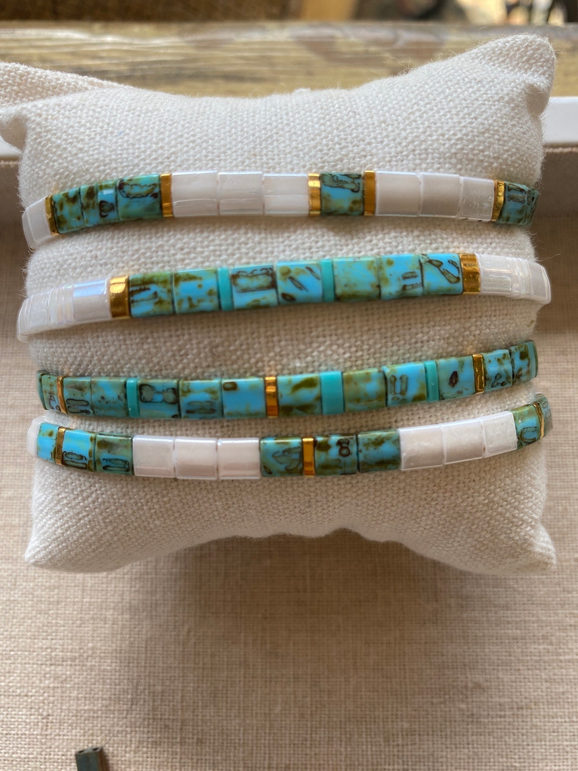 Miyuki Tila Tile Square Glass Bead Adjustable Bracelet W/ 14K Gold