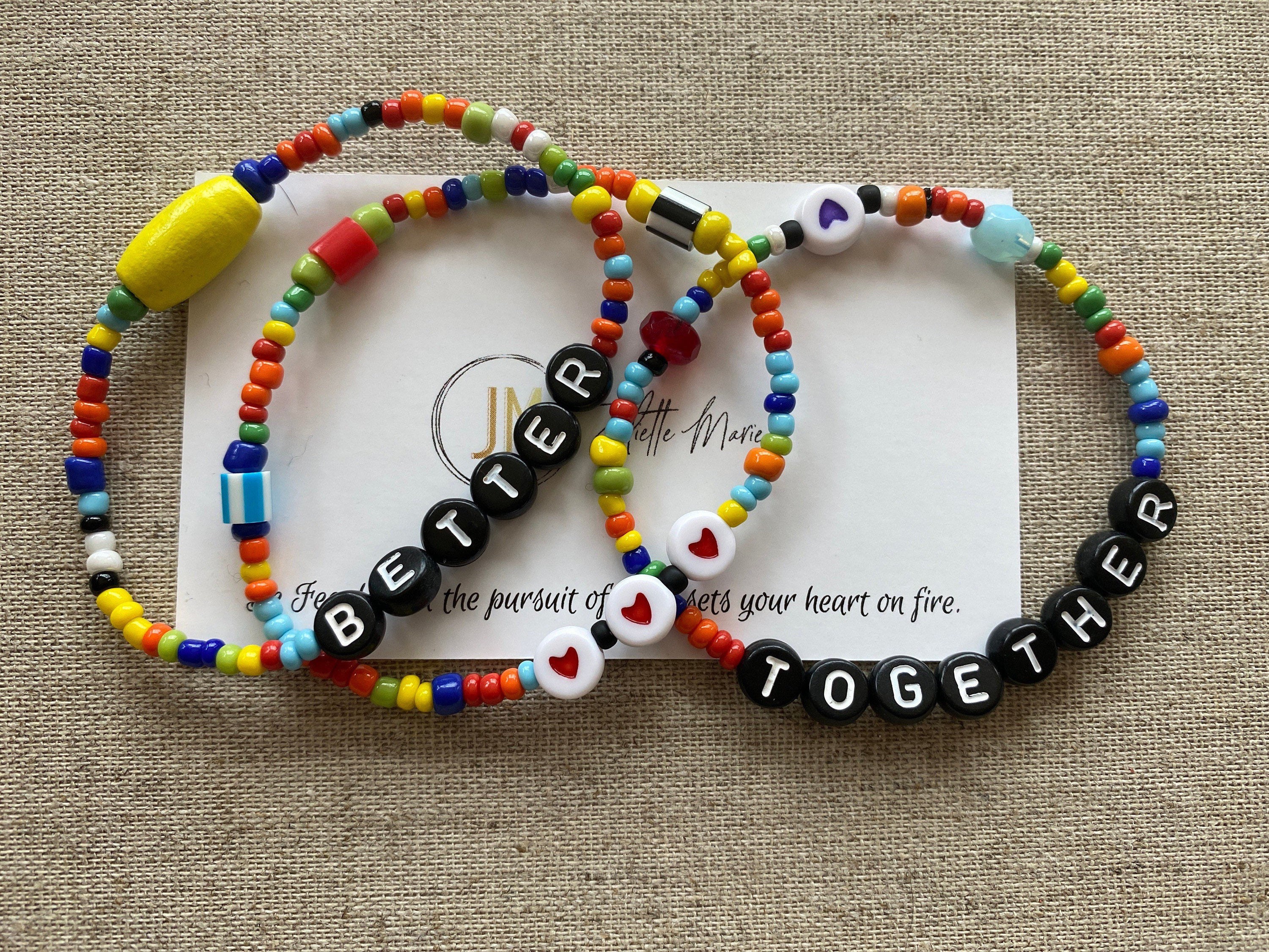 Seed Bead Adjustable Vsco Colorful Bracelets with Black White Letter Beads - Customizable