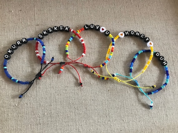 Seed Bead Adjustable Vsco Colorful Bracelets with Black White Letter Beads - Customizable