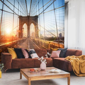 Brooklyn Bridge Wandbild / New York City / Skyline in der Abenddämmerung / Downtown Manhattan / Wolkenkratzer