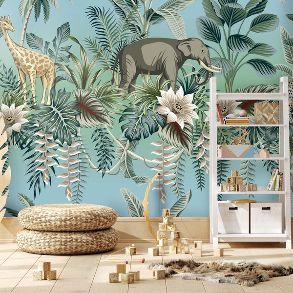 Jungle animals wall mural / botanical landscape / vintage style /