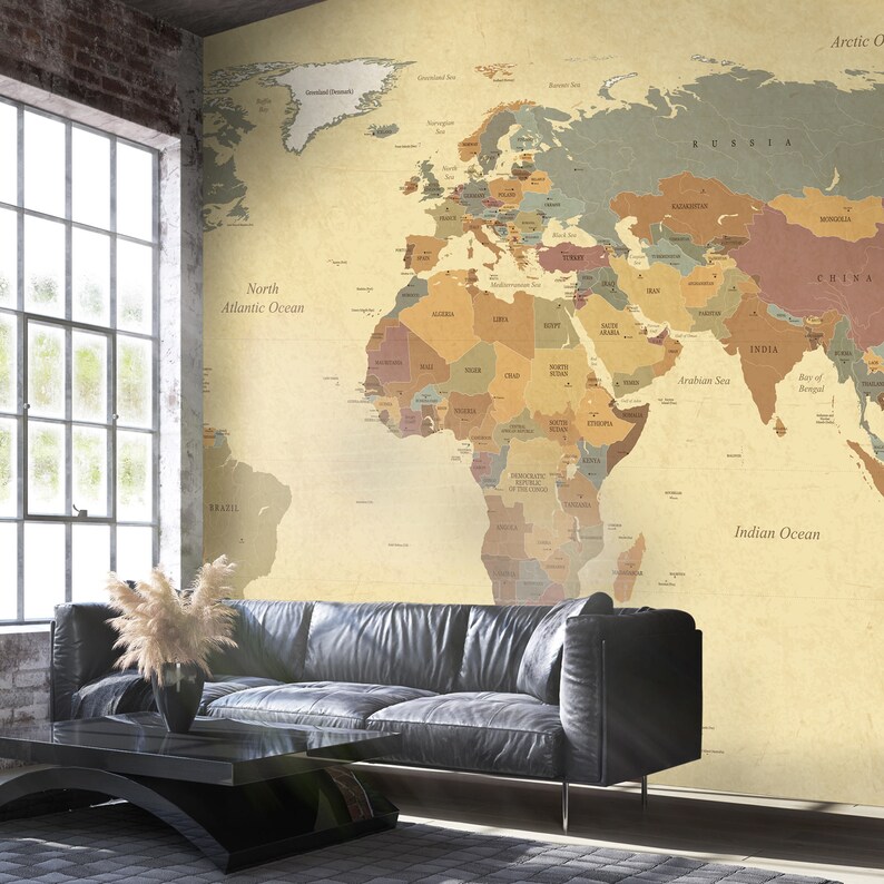 Vintage World Map Wall Mural / Retro Style / Antique Design / - Etsy