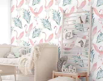 Flamingo wallpaper / hand drawn illustration / nursery wallpaper / dancing ballet / watercolor style