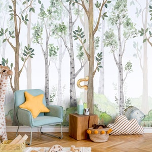 Waldtiere Wandbild / Feenwald / Aquarell Illustration / Kindertapete