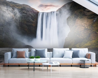 Waterfall wall mural / Icelandic mountain landscape / Skogafoss waterfall / sunset / Iceland nature