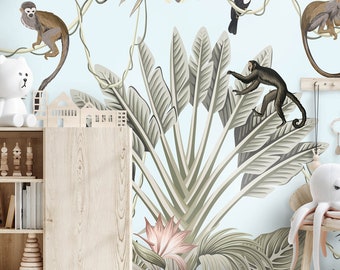 Vintage botanical wall mural / tropical wallpaper / Hawaiian style / banana trees / palm leaves / monkeys